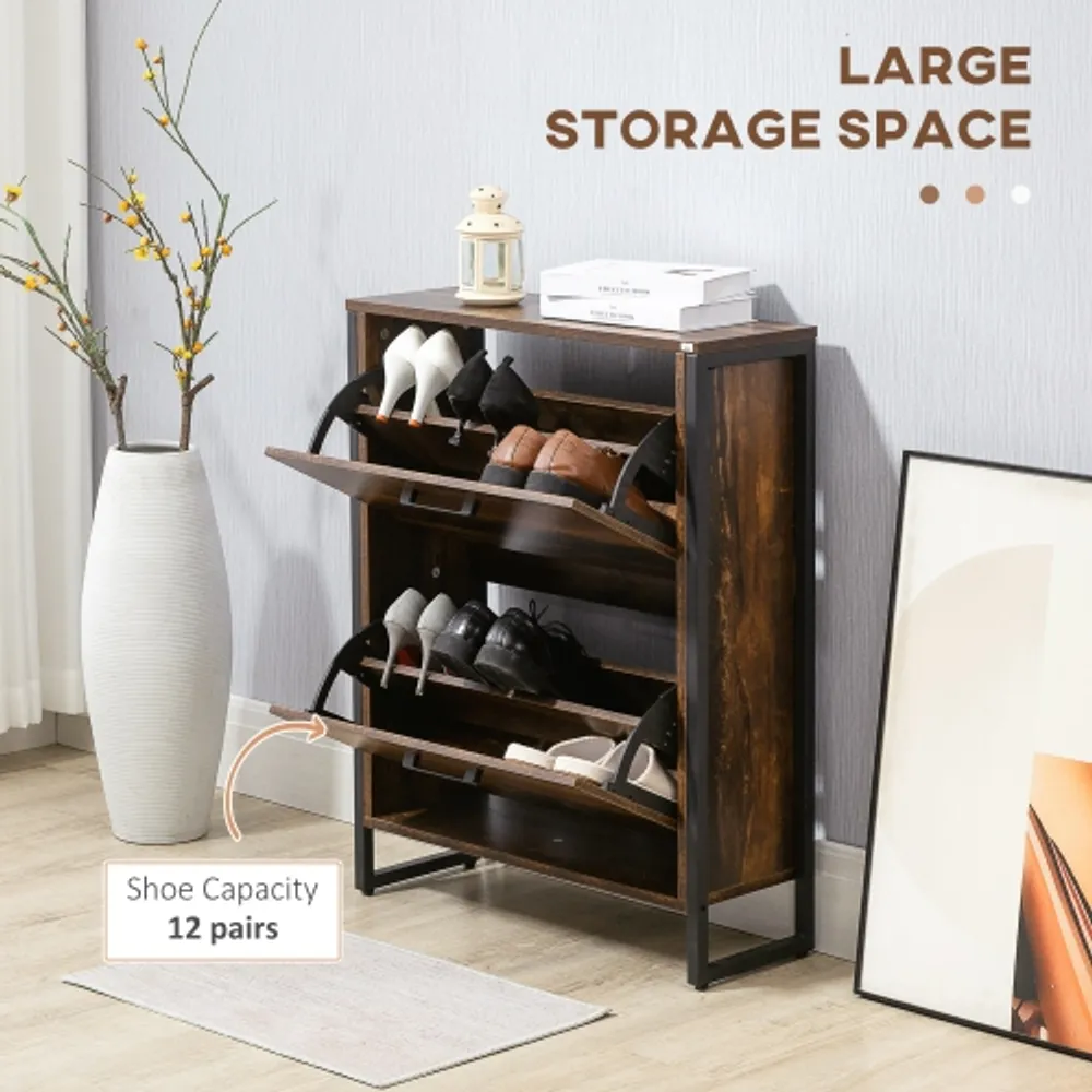 HOMCOM Shoe Cabinet with 2 Flip Doors Slim 2 Drawer Shoe Cupboard with Divider and Open Compartment for 12 Pairs of Shoes Entryway Storage Unit