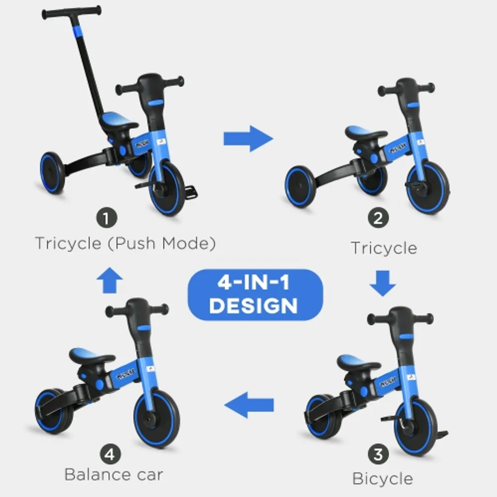 Aosom 4 in 1 Toddler Tricycle Kids Trike with Adjustable Push
