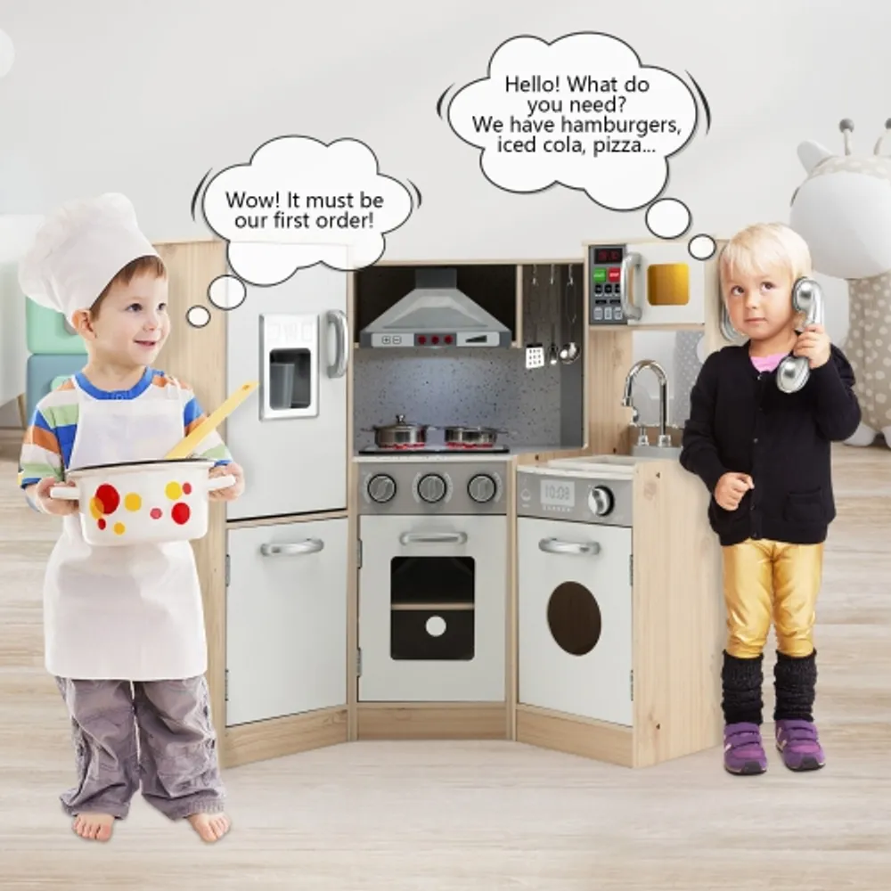 Gymax Kids Corner Wooden Kitchen Playset Pretend Cooking Toy w