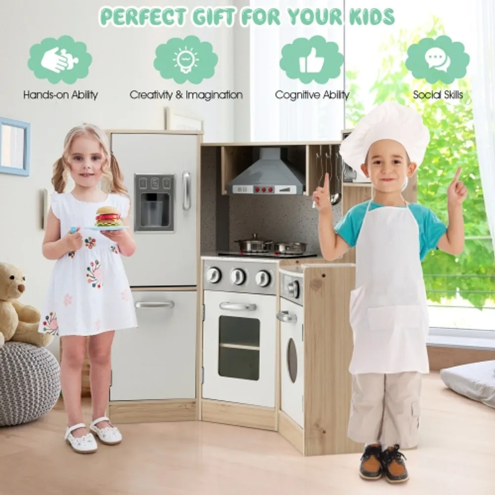 Gymax Kids Corner Wooden Kitchen Playset Pretend Cooking Toy w