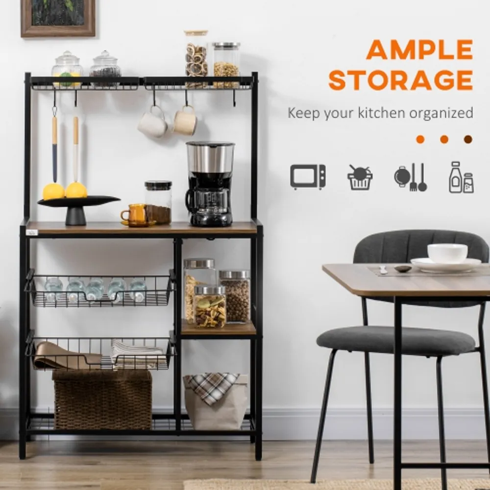 HOMCOM Industrial Kitchen Bakers Rack Microwave Stand Coffee Bar Station with Storage Shelves Wire Basket 5 Movable Hooks Walnut
