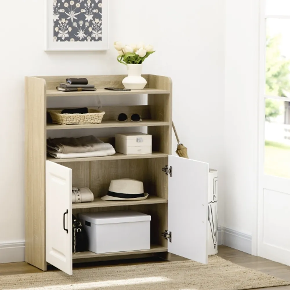 HOMCOM Modern Shoe Cabinet with Double Doors Open Shelves and