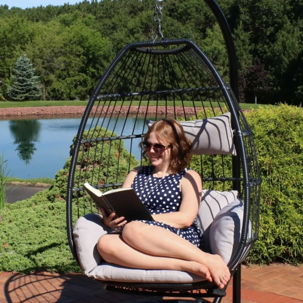 Sunnydaze Large Black Resin Wicker Hanging Egg Chair with Cushions