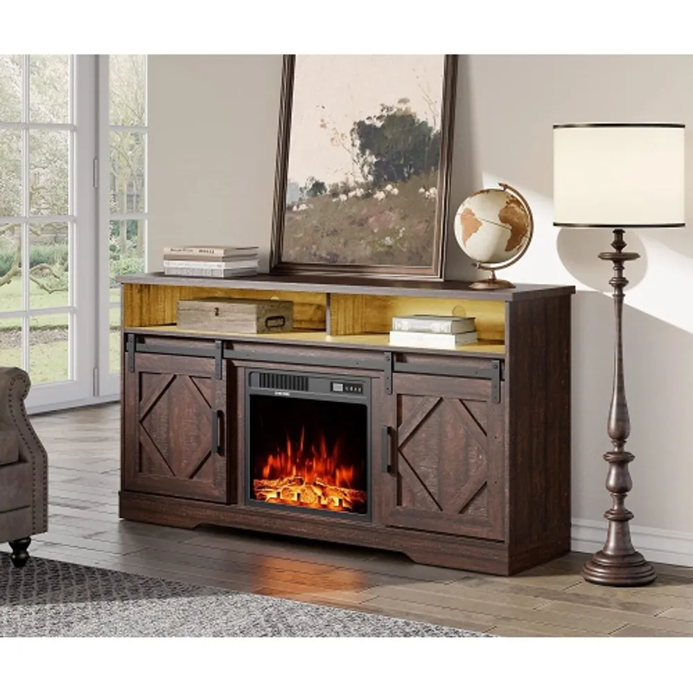 Tv stand with fireplace deals sliding barn doors