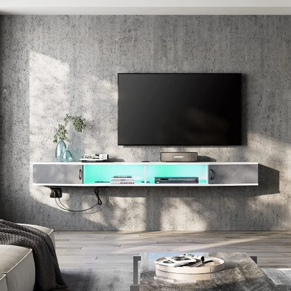 WAMPAT 70 Inch Floating TV Stand with Charging Station White