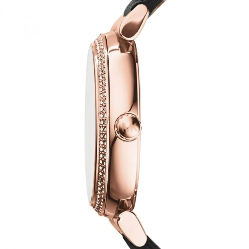 Michael Kors Catlin Rose Gold Crystal Dial Black Leather Strap