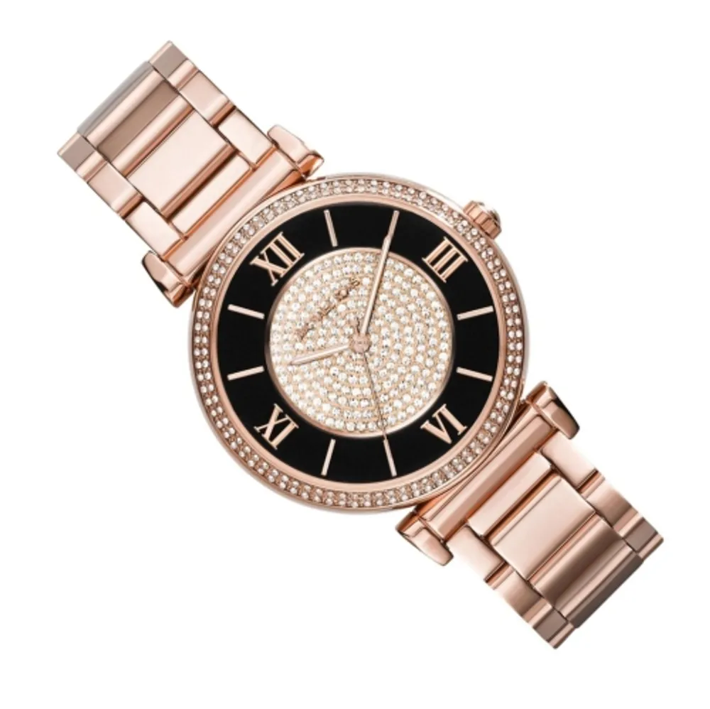 Michael Kors Catlin Black Dial Rose Gold Steel Strap Watch for