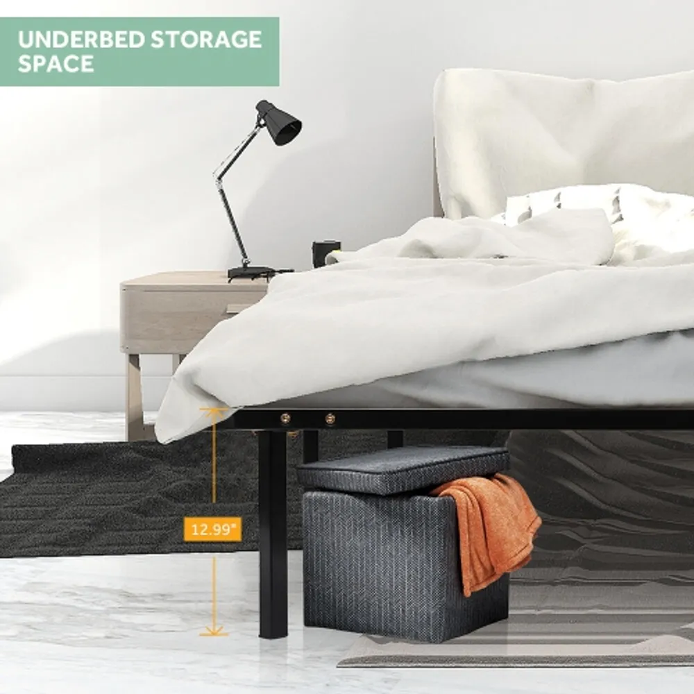 LIVINGBASICS Twin Bed Frame Metal Platform with Wooden Slat