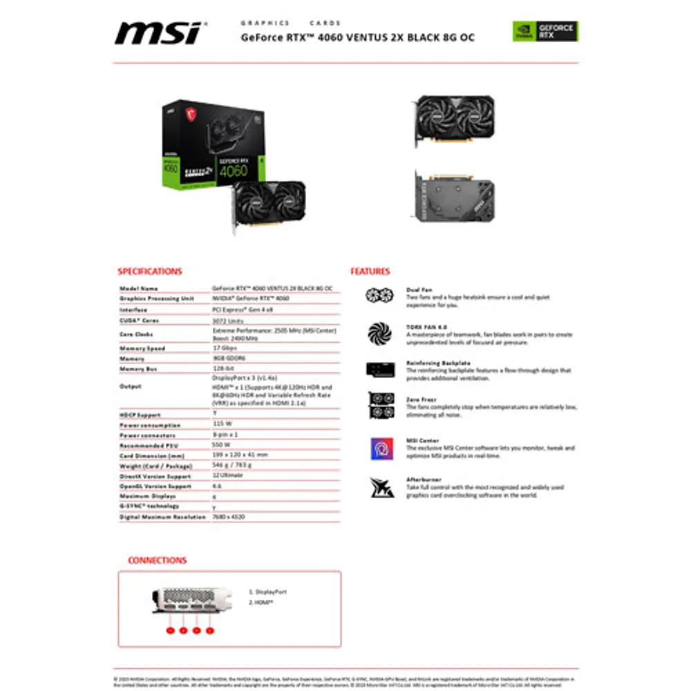 MSI GeForce RTX 4060 VENTUS 2X 8GB GDDR6 Video Card | Galeries de