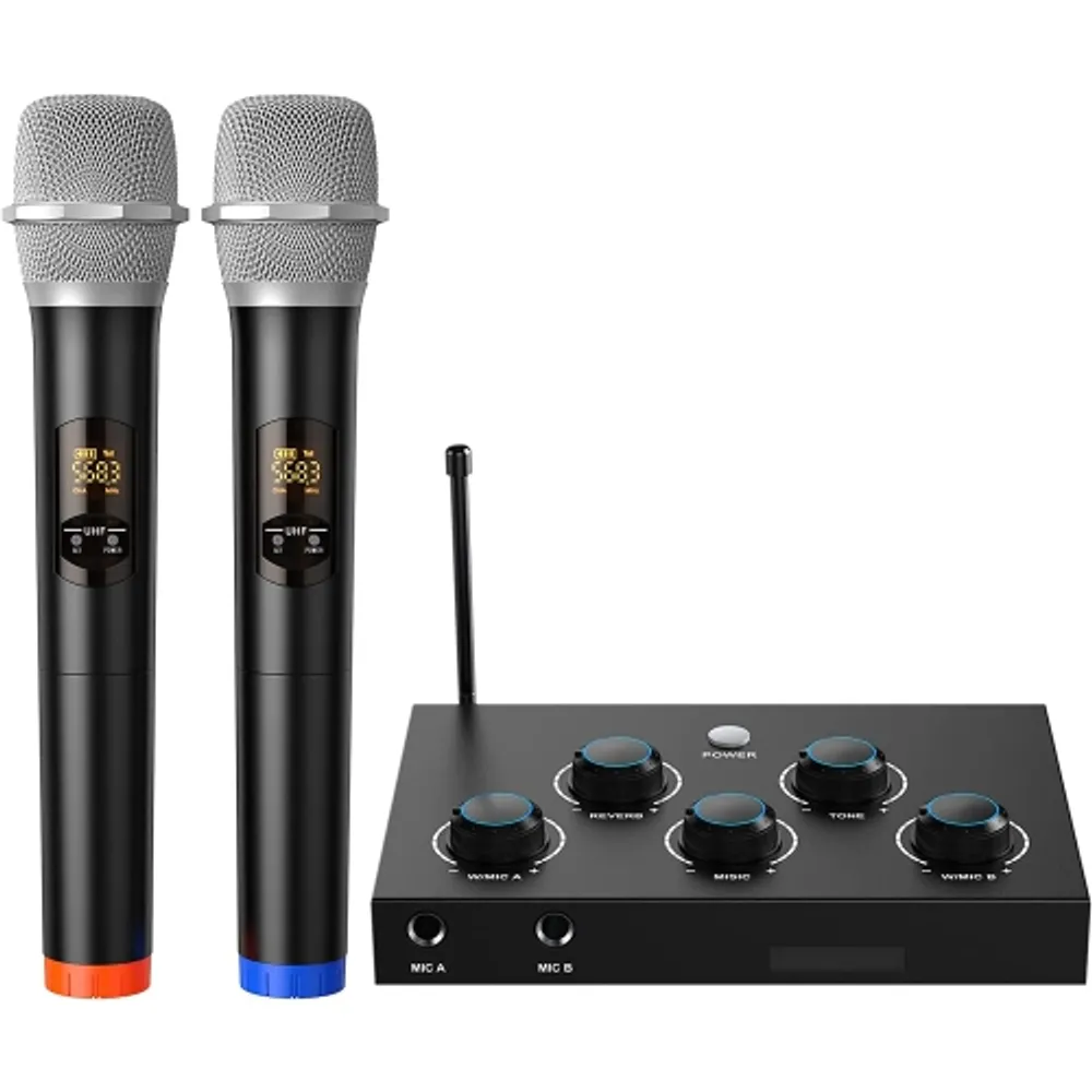 Portable Karaoke Microphone Mixer System Set with Dual UHF