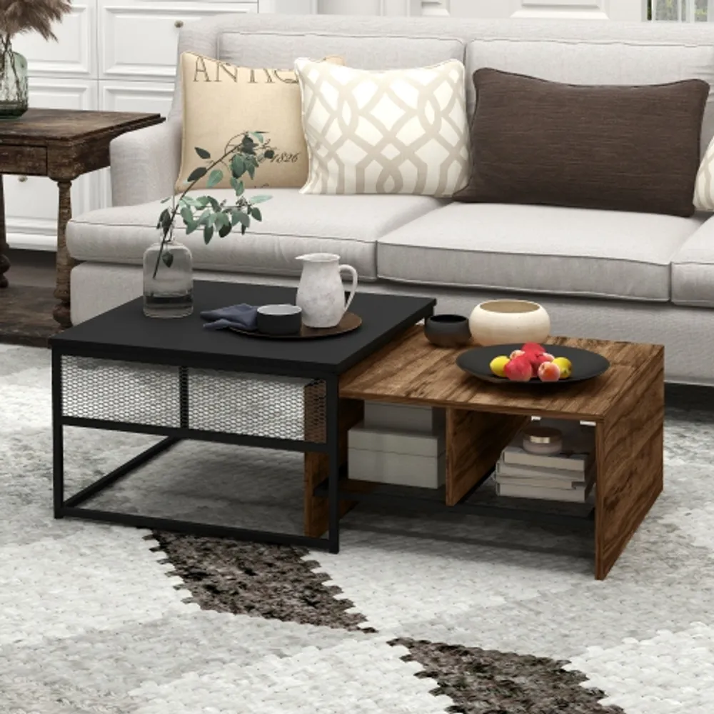 HOMCOM Nesting Tables Set of 2 Industrial Coffee Table Set