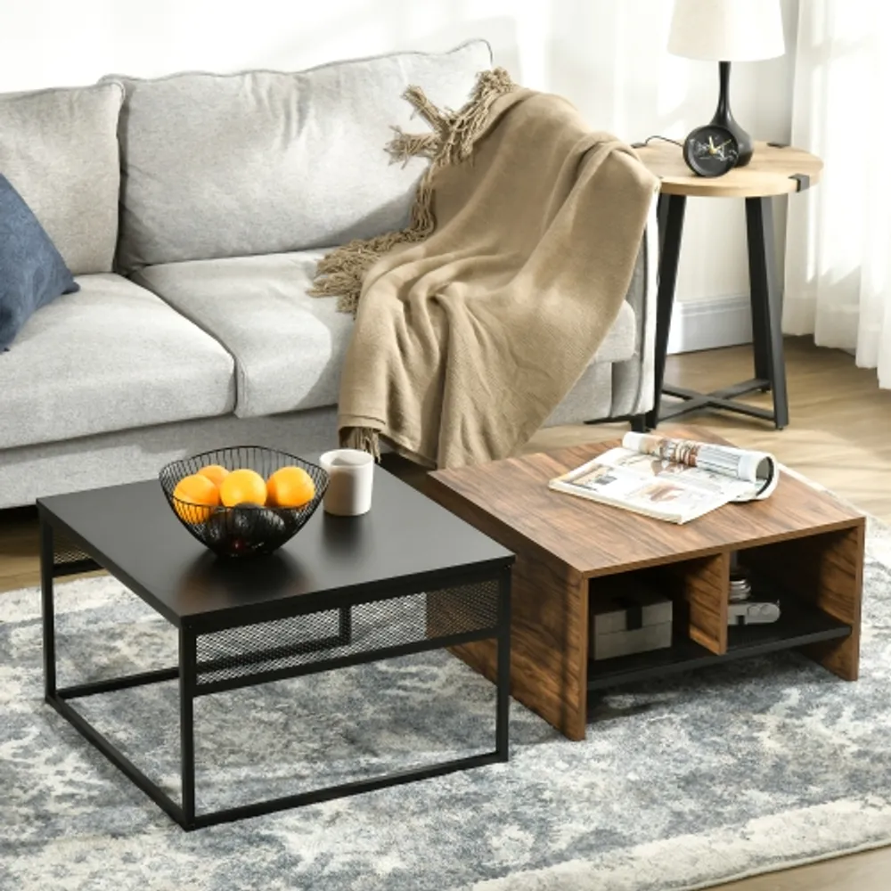 HOMCOM Nesting Tables Set of 2 Industrial Coffee Table Set Square Coffee Table and 2 tier Narrow Side Table with Storage Mesh Shelves Steel Frame