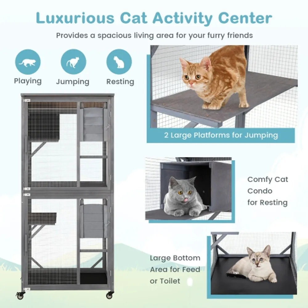 Gymax Wooden Cat House 72 Indoor Outdoor Kitten Enclosure Kennel