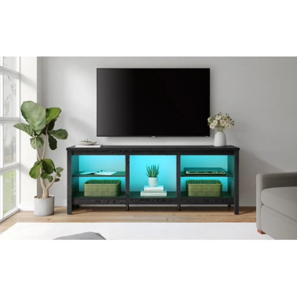 WAMPAT TV Stand for 75 Inch TV with 16 Color RGB LED Light Wood