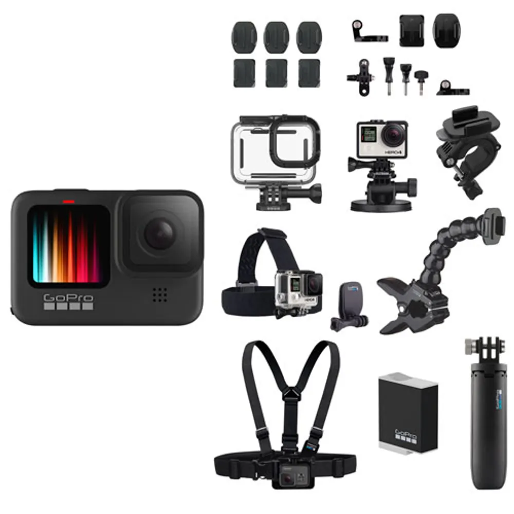 GoPro HERO9 Black Waterproof 5K with Chest Mount, Head Strap, Housing Case,  Extra Battery & Accessories