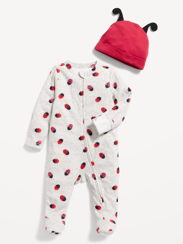 Old Navy Unisex Sleep & Play 2-Way-Zip Footed One-Piece and Beanie Set ...