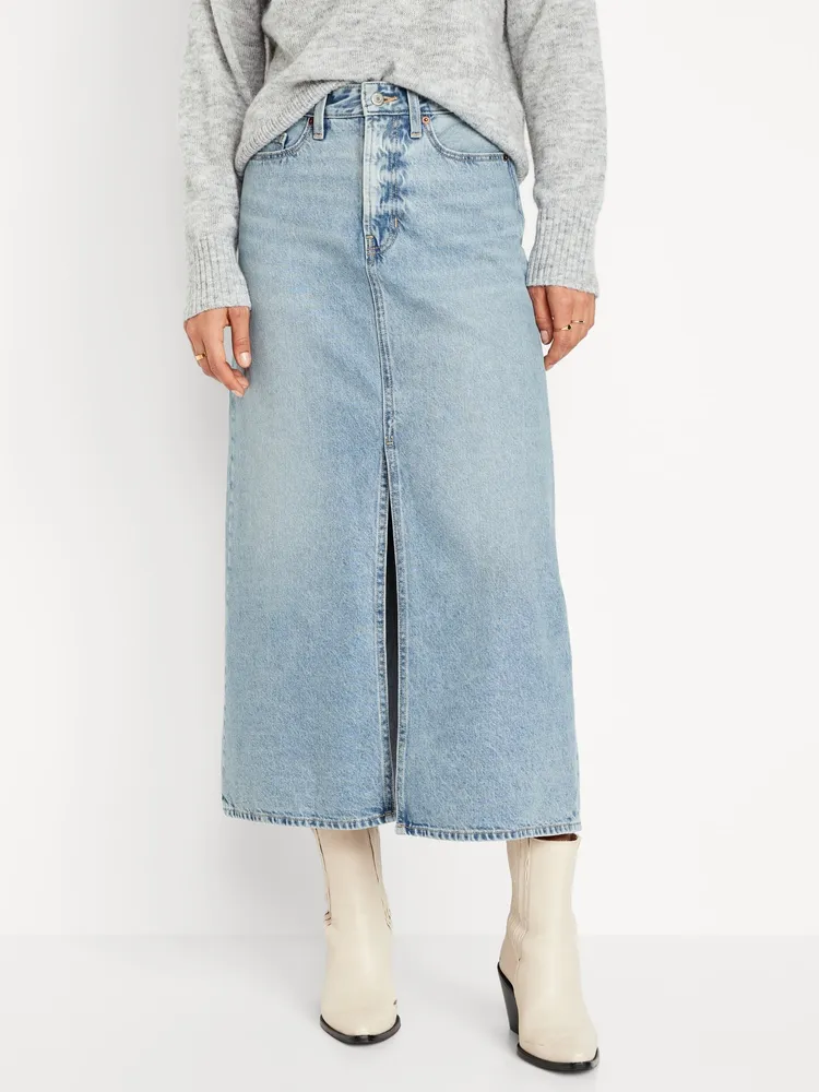 Extra High-Waisted Front-Slit Jean Midi Skirt for Women