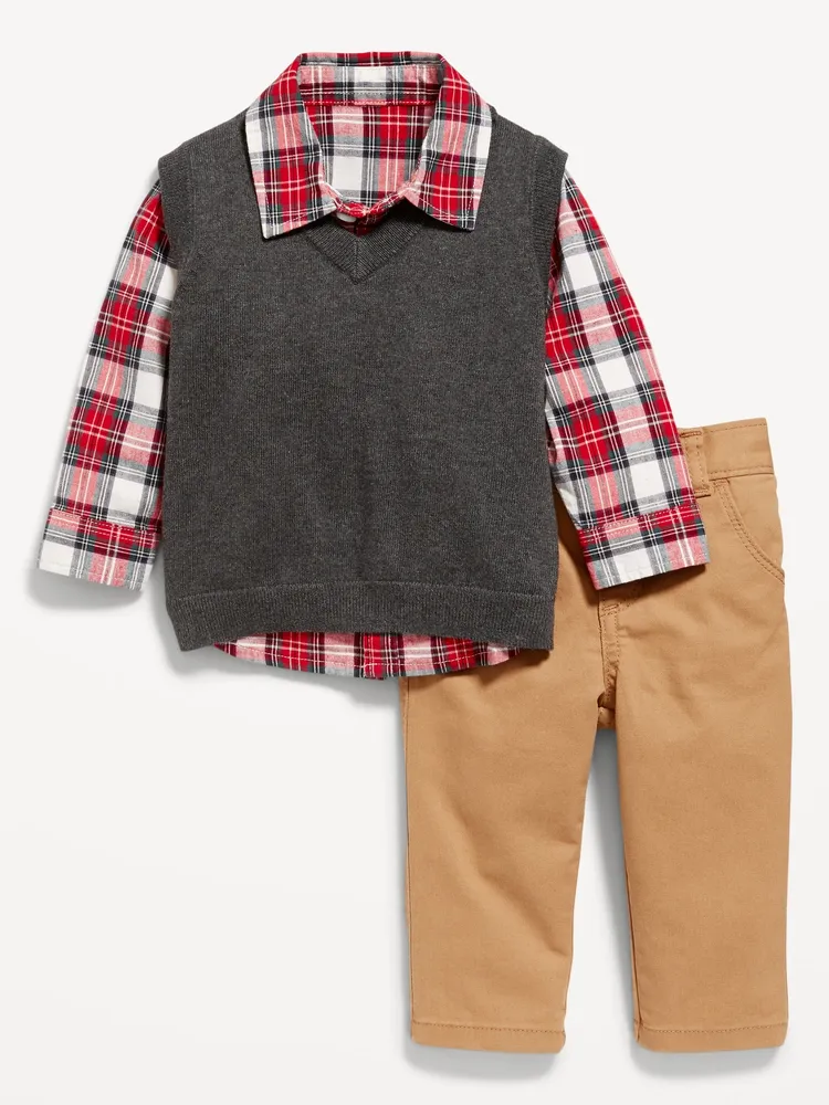 3-Piece Plaid Poplin Shirt, Vest & Twill Bottoms Set for Baby