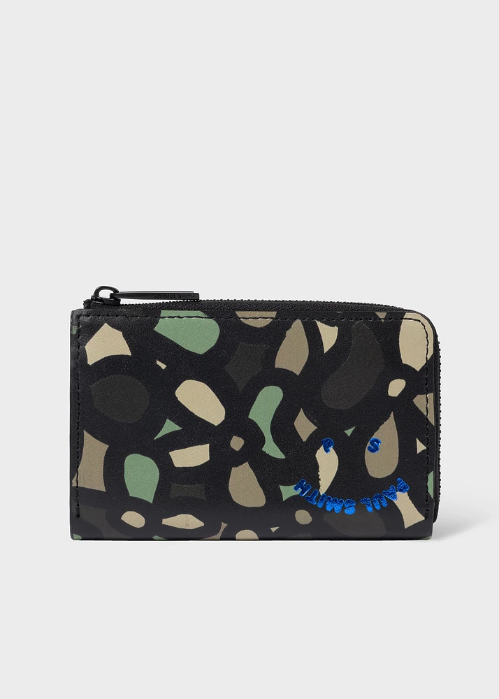 PS Paul Smith Black Leather Floral PS Happy Zip Pouch Wallet