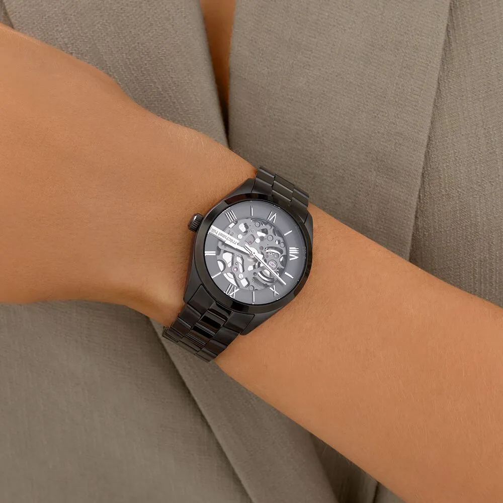 Michael Hill Automatic Skeleton Watch In Grey Tone Stainless Steel