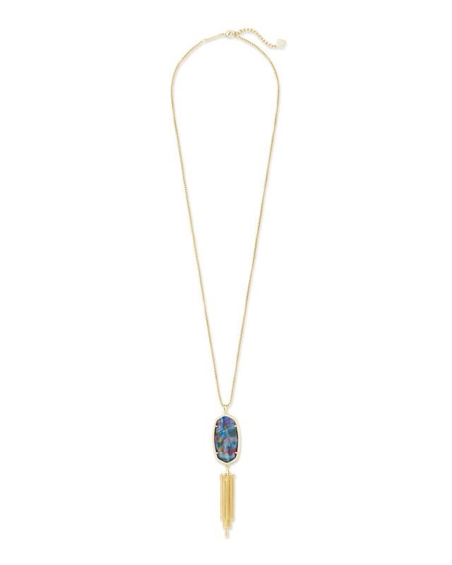 Kendra Scott Rayne Gold Long Pendant Necklace in Teal Tie Dye