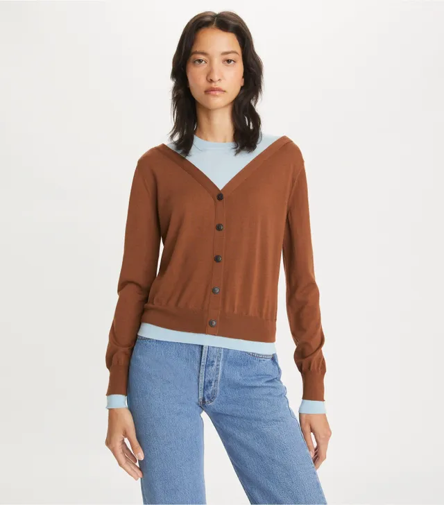 Tory Burch Double Layered Crewneck Cardigan | The Summit