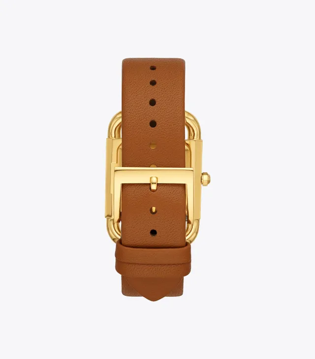 Tory Burch Phipps Watch Luggage Leather Gold Tone 29 X 41 MM