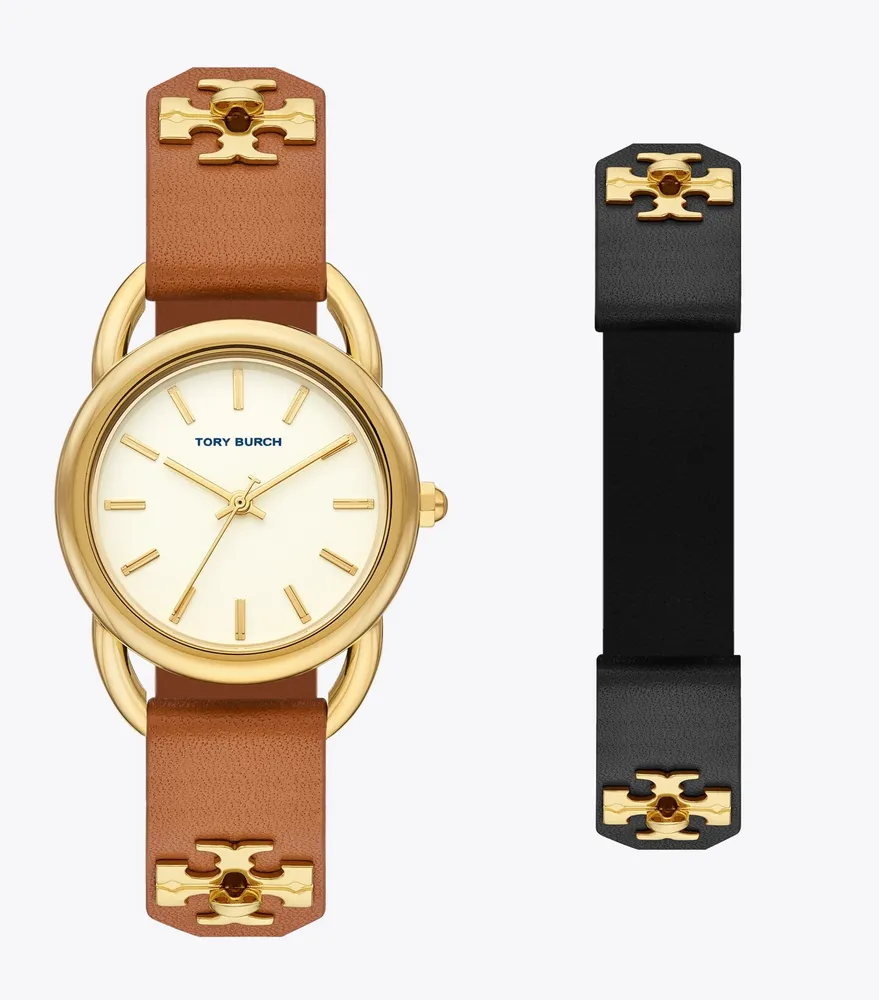 Tory Burch Ravello Watch Gift Set Black Brown Leather Gold Tone
