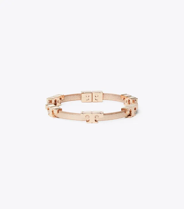 Tory Burch deals Serif-T Stackable Leather Goldtone TB Slide Clasp Bracelet Saddle