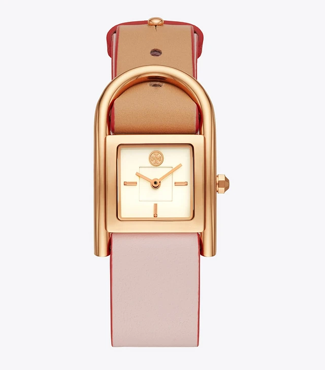 Tory Burch Thayer Watch, Beige & Pink Leather/Rose-Gold, 25 X 39