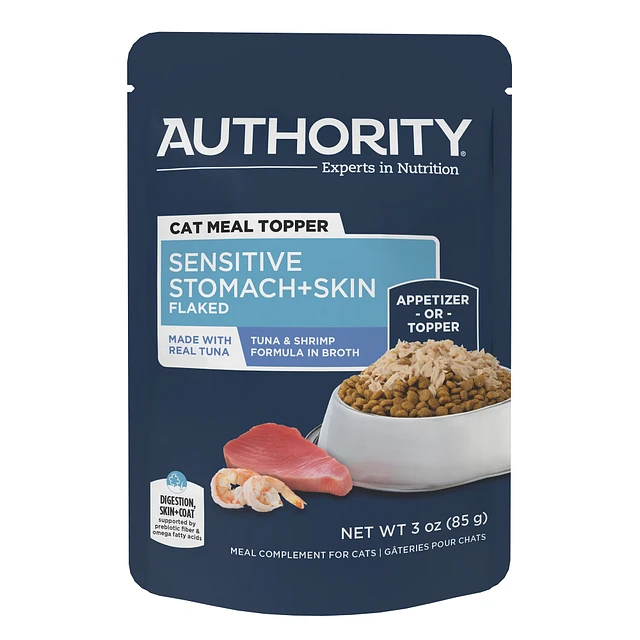 Authority Sensitive Stomach Skin Support Tuna Shrimp Formula in Broth Flaked Cat Meal Topper3oz