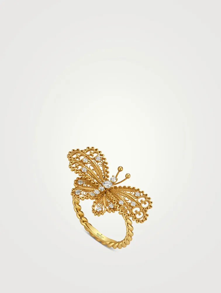 GUCCI GG 18K Gold Butterfly Ring With Diamonds | Square One