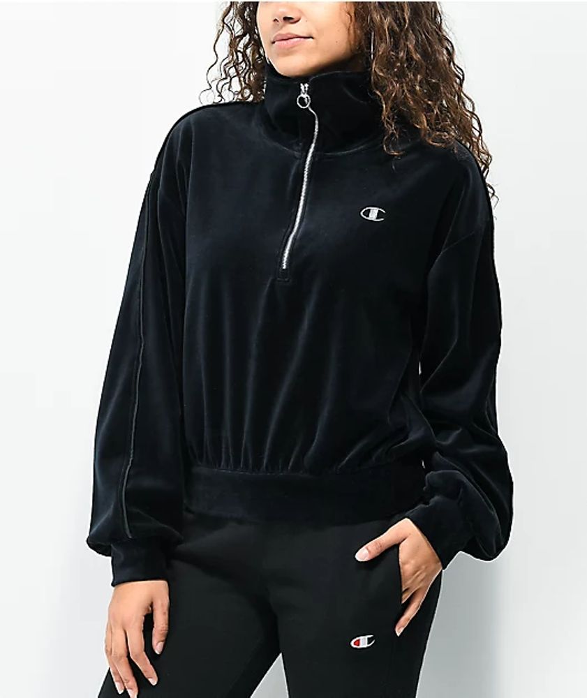 Champion Small C Satin Black Velour Quarter Zip Sweatshirt Mall