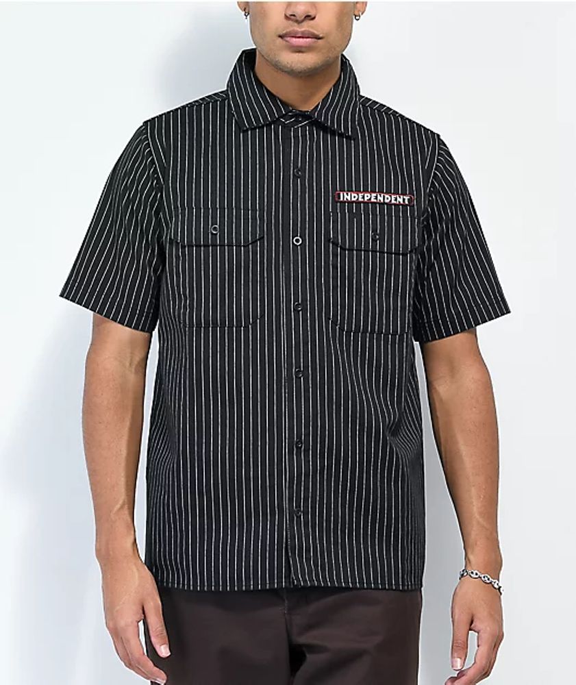 Independent Bar Logo Black Stripe Short Sleeve Work Shirt | Pueblo