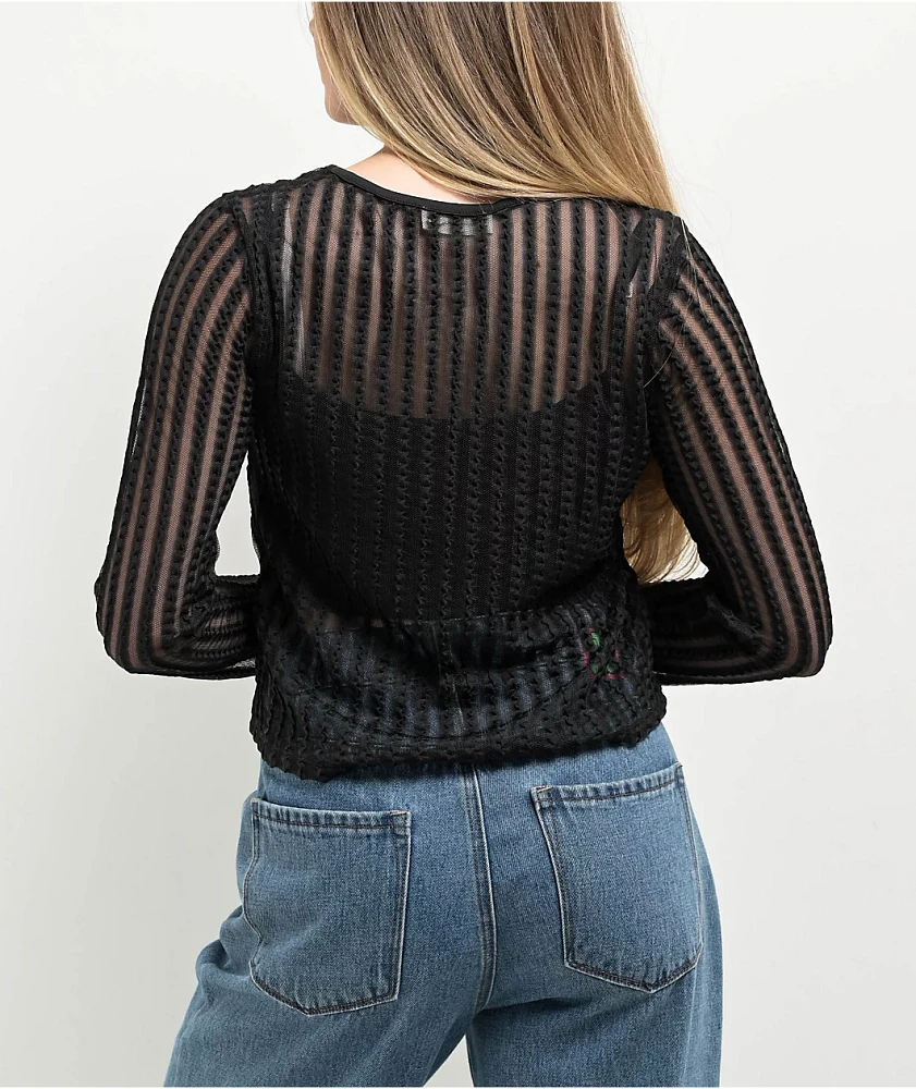 24COLOURS Sheer Striped Black Long Sleeve Top | Liberty Center