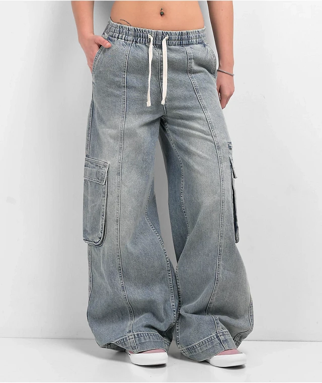 A.LAB Analog Cables Mega Rave Light Blue Wash Cargo Jeans at