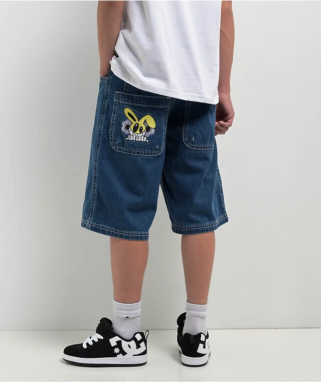【MUCENT】 SLAP PIGMENT WASHING L LOGO DENIM SHORTS MUCENT - SLAP PIGMENT WASHING METAL LOGO DENIM Faded SHORTS