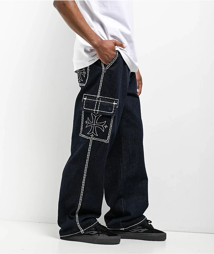 Affliction Wide Leg Blue Wash Cargo Jeans | Arden Fair