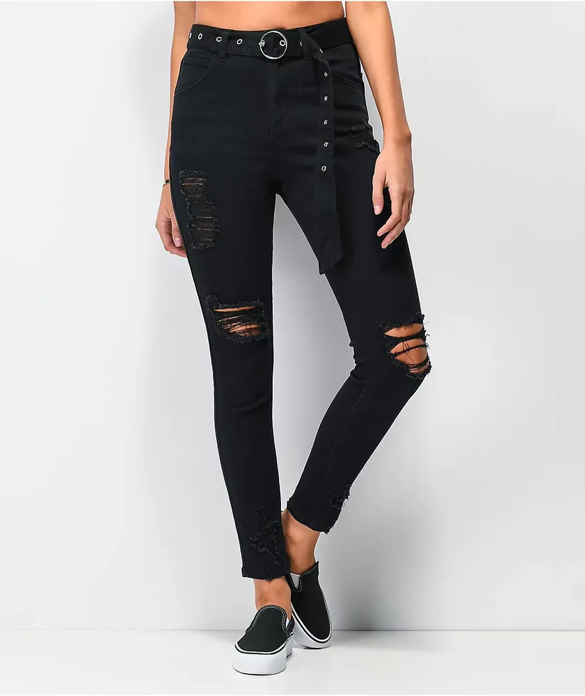 Almost Famous Belted Black Denim Jogger Pants CoolSprings Galleria