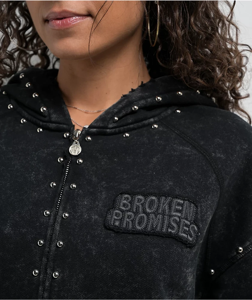 Broken Promises Adorned Black Wash Zip Hoodie | MainPlace Mall