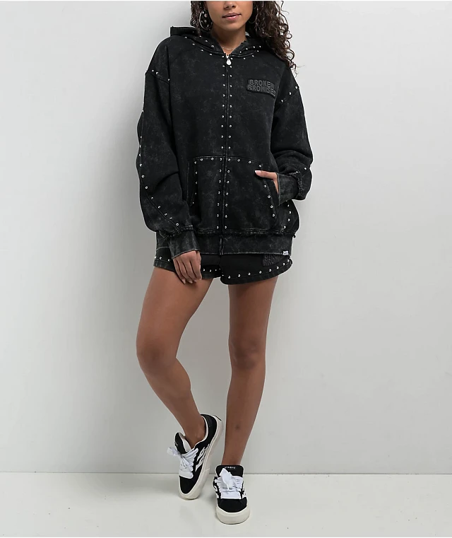 Broken Promises Adorned Black Wash Zip Hoodie at Coquitlam Centre