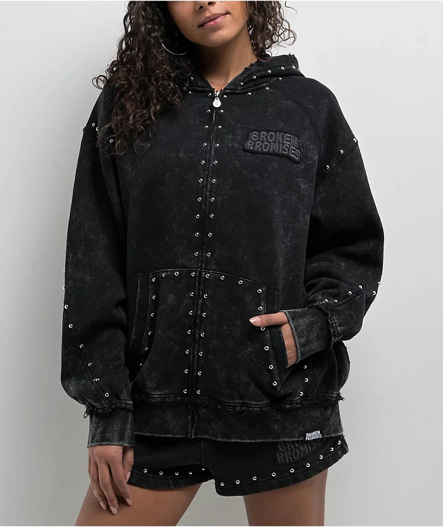 Broken Promises Adorned Black Wash Zip Hoodie at Coquitlam Centre