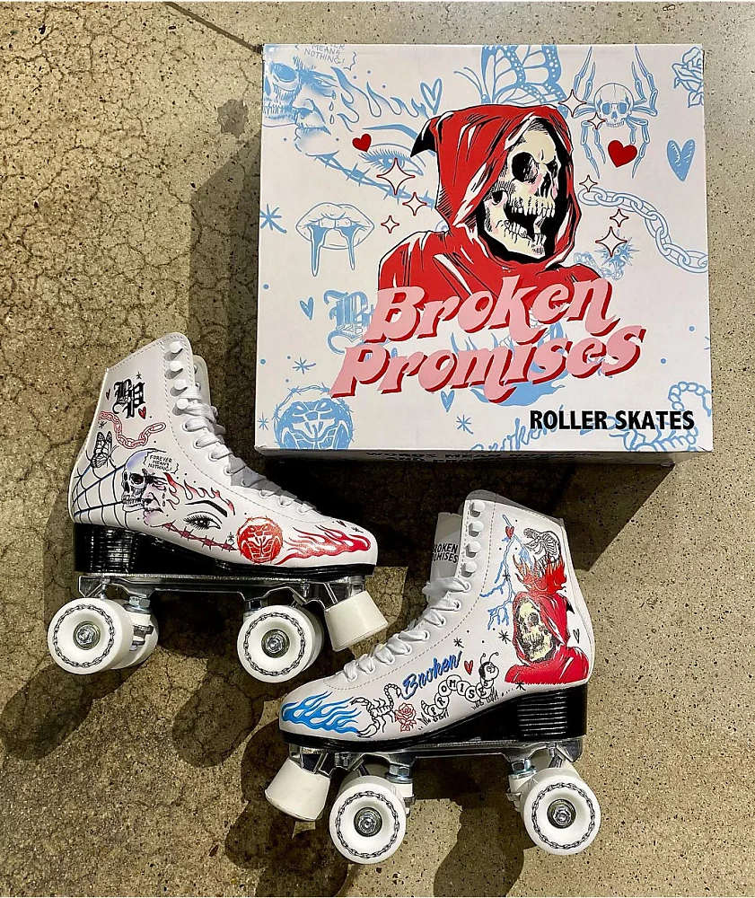 Broken Promises Let's Roll White, Black & Red Roller Skates The Pen