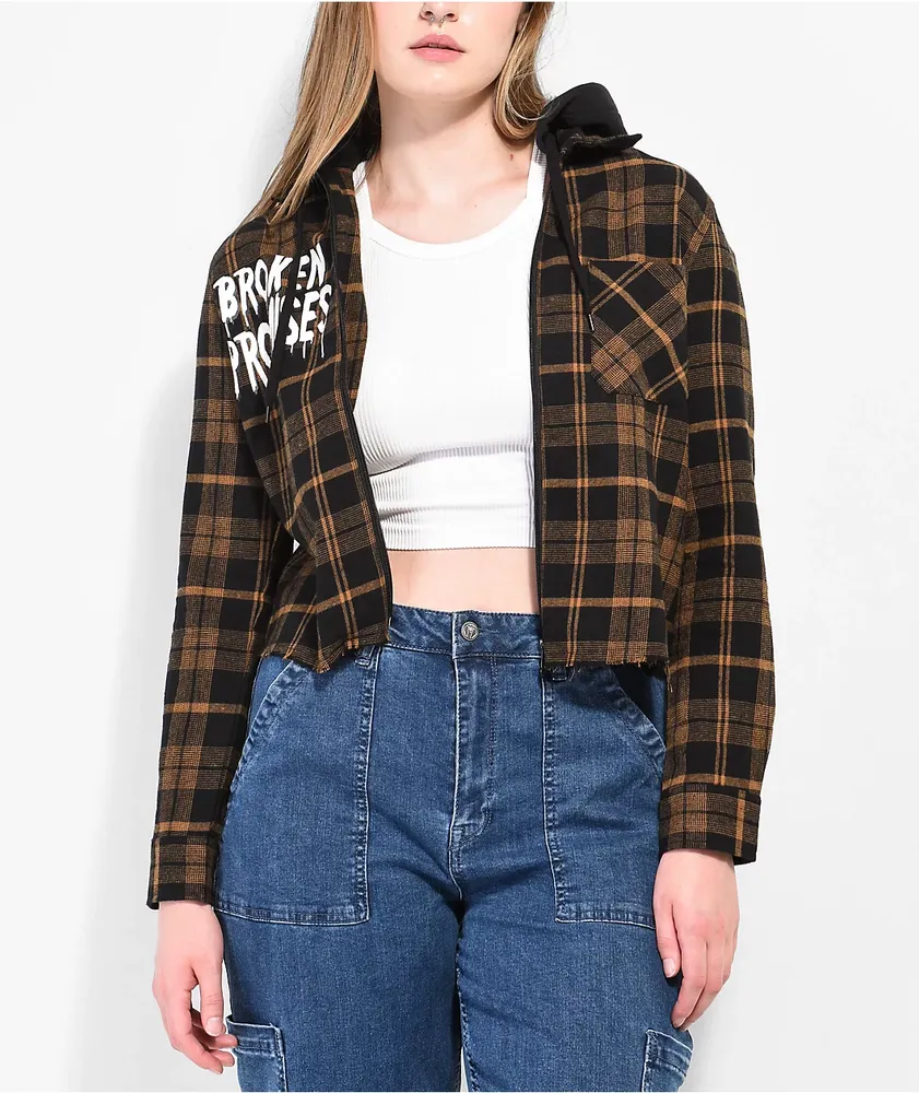 Broken Promises Love Is Lethal Brown Hooded Flannel Jacket