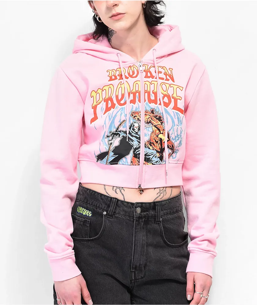 Pink cropped zip new arrivals up hoodie