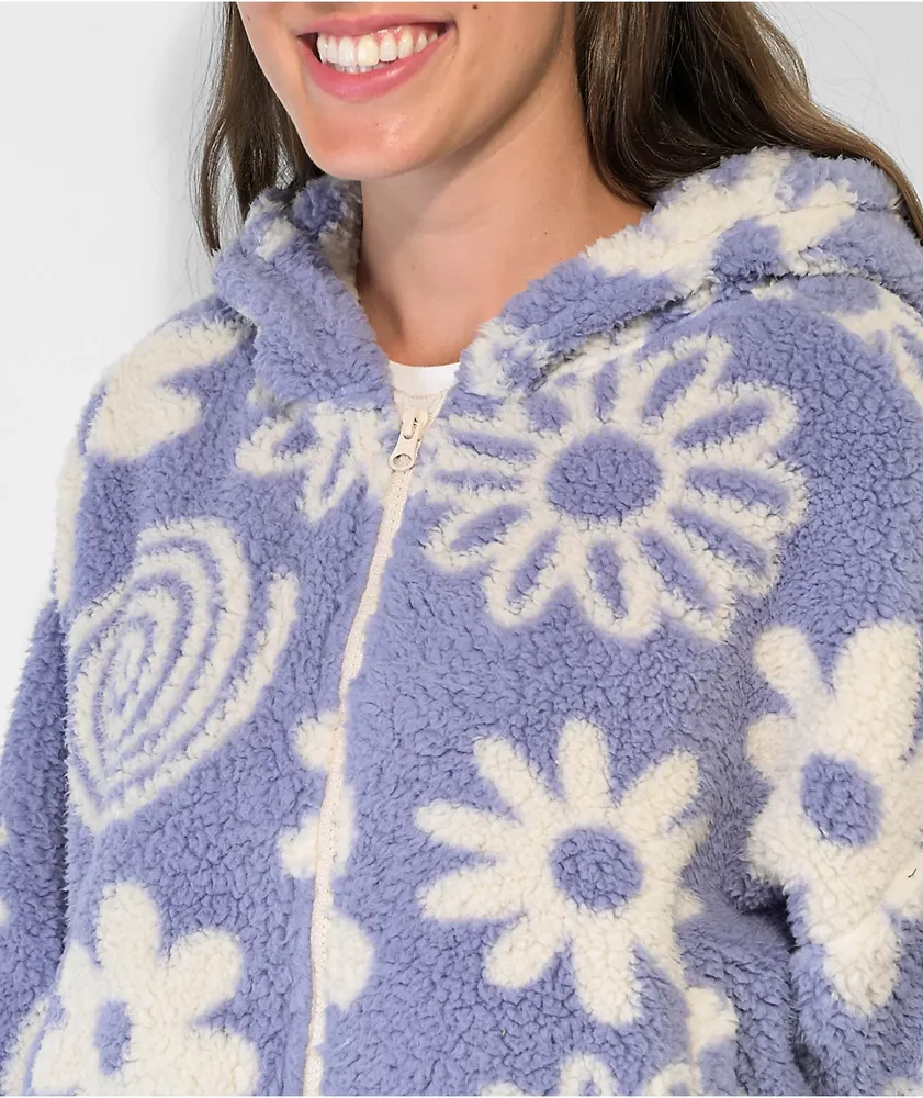 Cali 1850 Floral Periwinkle Sherpa Zip Hoodie | MainPlace Mall