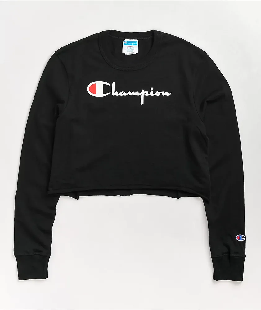 Champion Logo Script Black Crop Long Sleeve T Shirt Hamilton Place