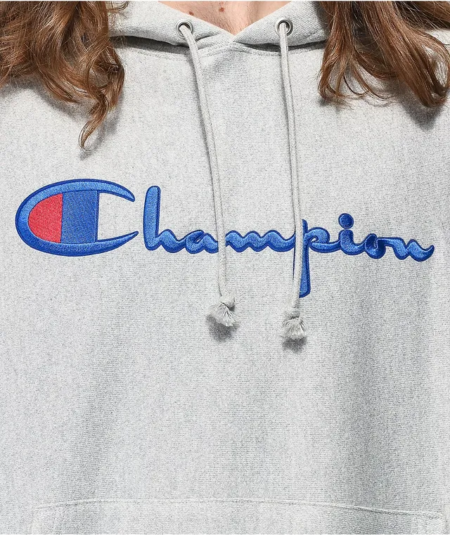 Champion script logo grey hoodie outlet
