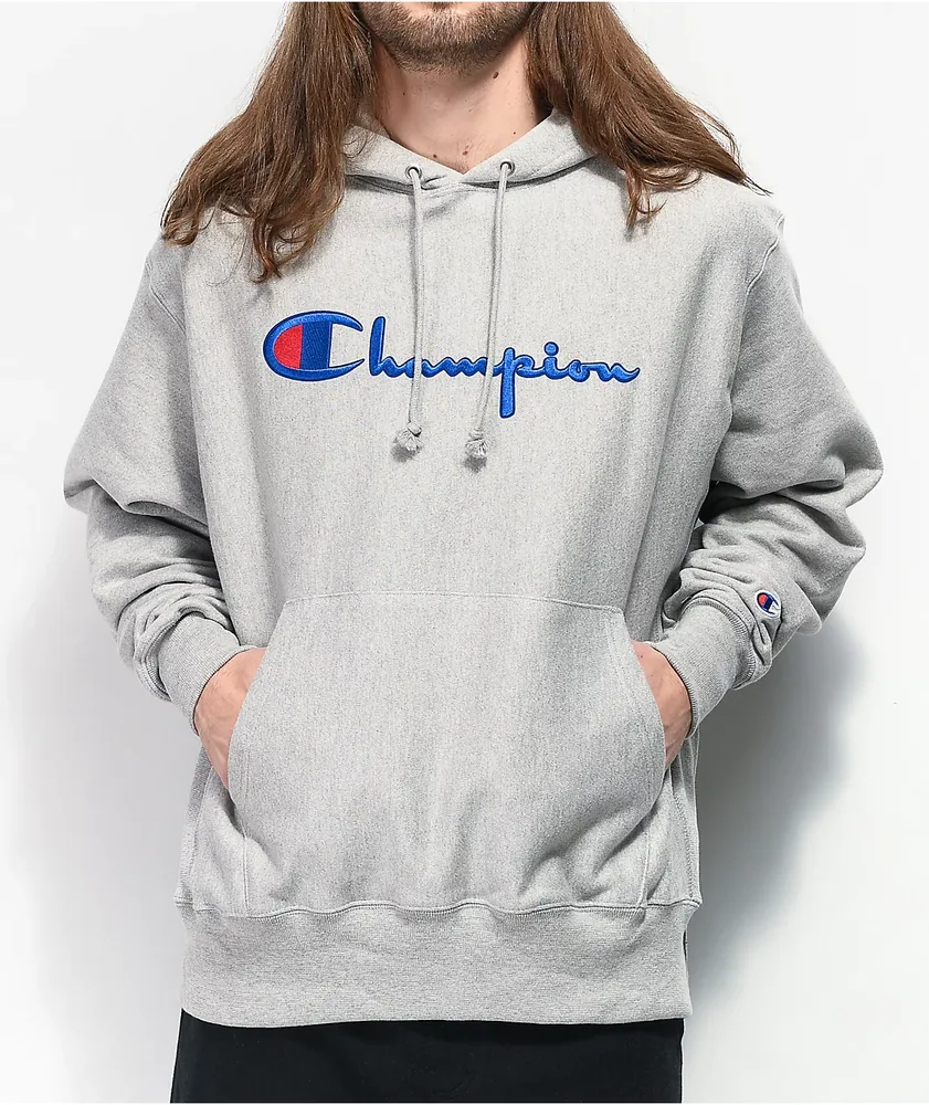 Champion reverse weave chain stitch script logo gray mens hoodie online
