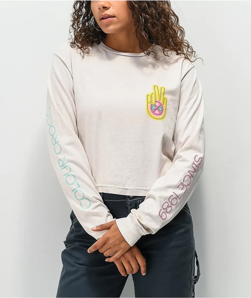 Cross Colours Neon Peace Logo Off-White Crop Long Sleeve T-Shirt